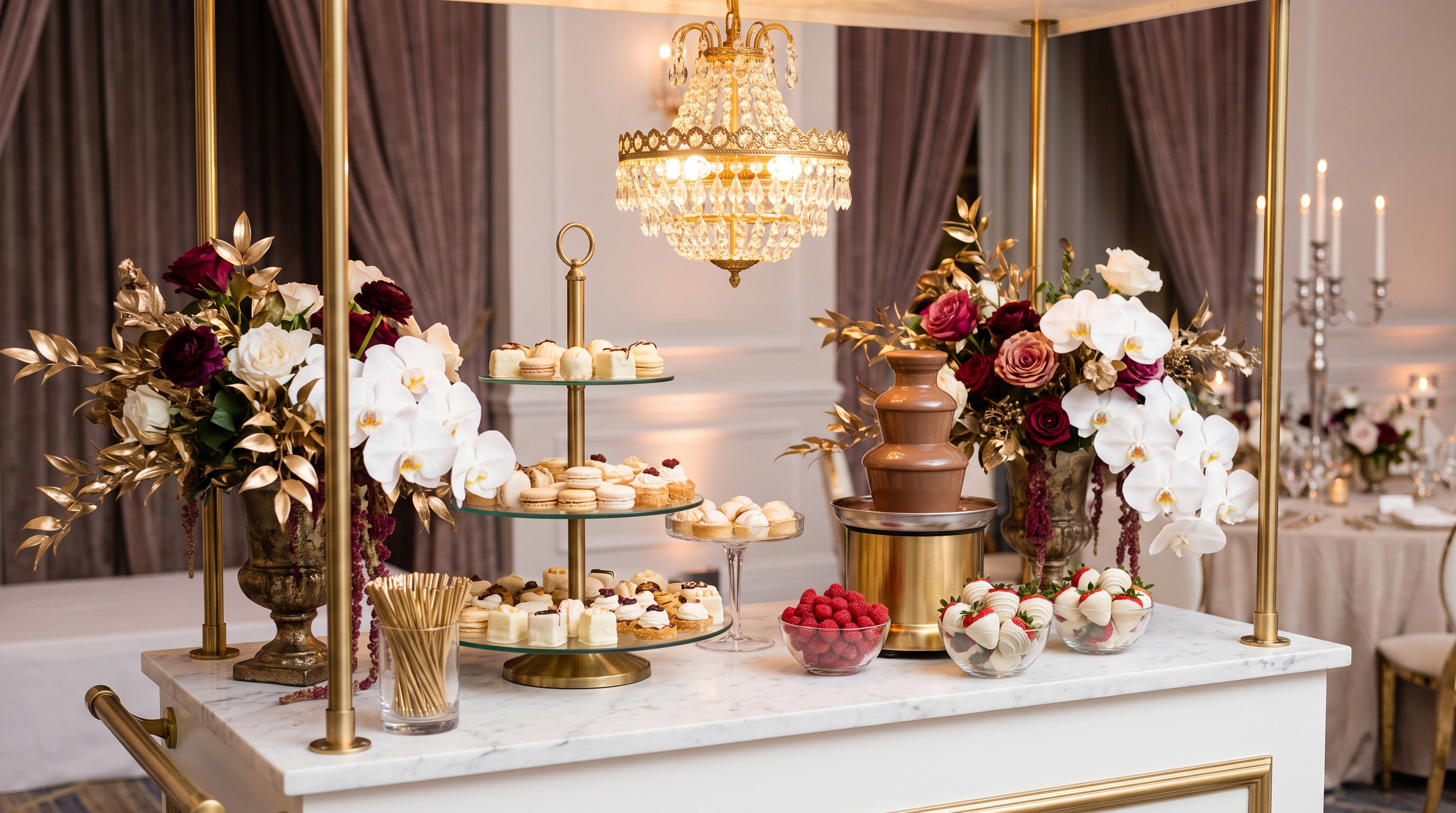 Estações Velvet Lux branco com detalhes dourados montado em evento