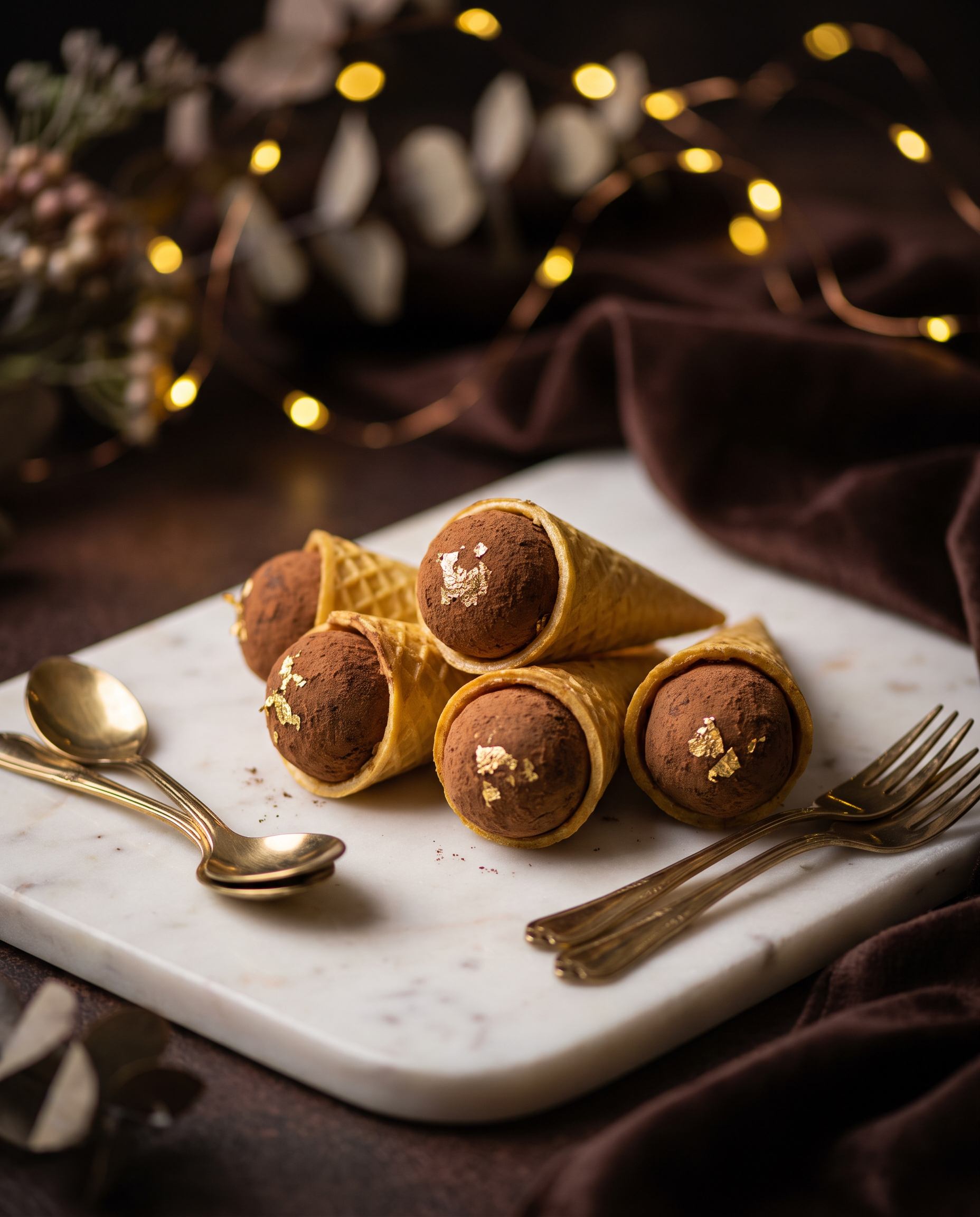 Brigadeiros gourmet servidos em mini casquinhas douradas