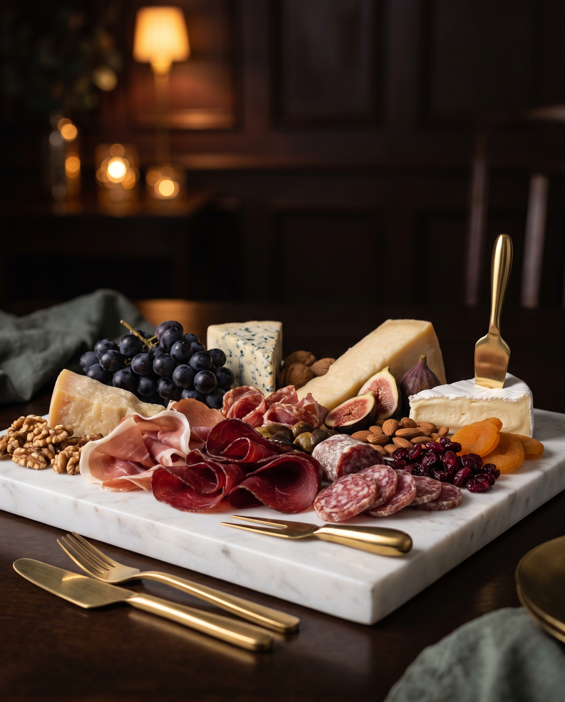 Mesa de charcutaria premium com queijos, embutidos e frutas