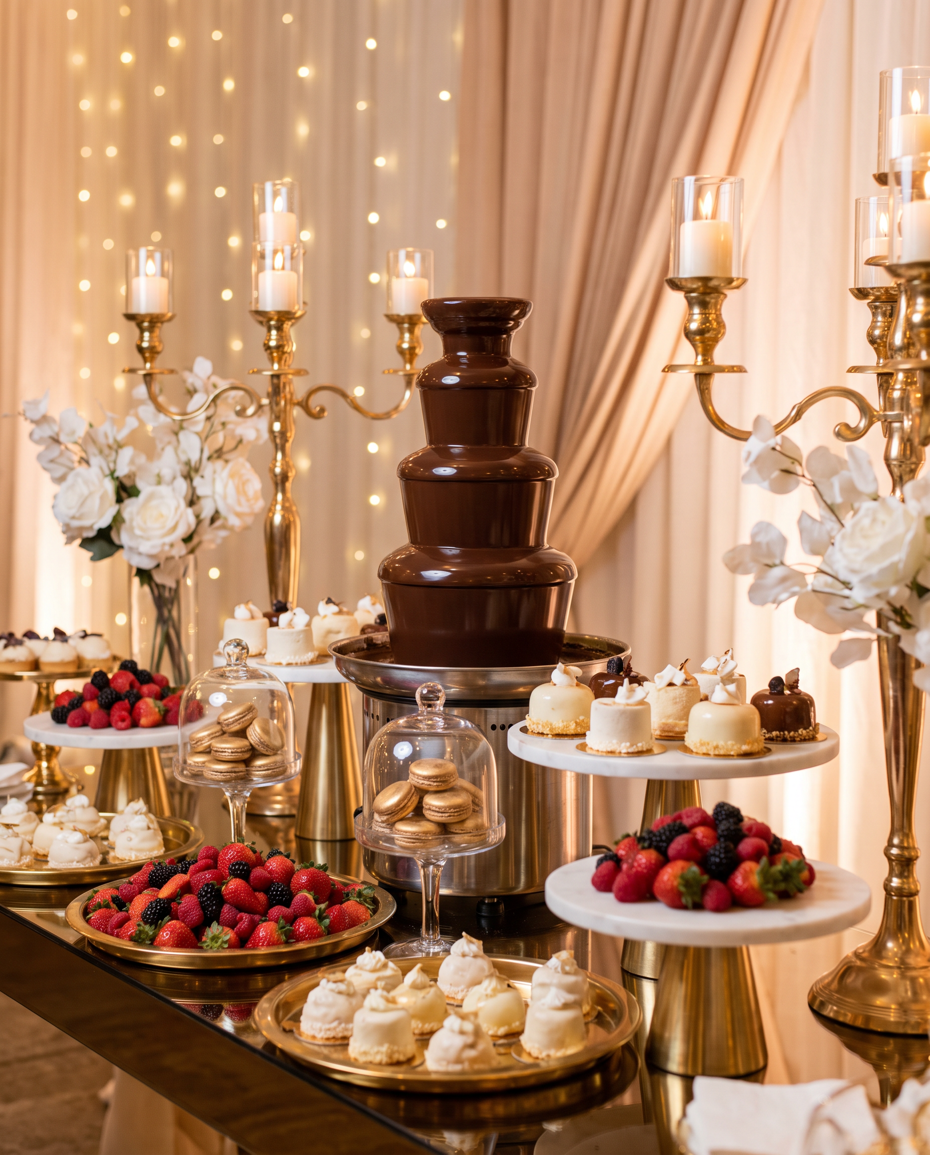 Cascata de fondue de chocolate belga descendo em escada dourada