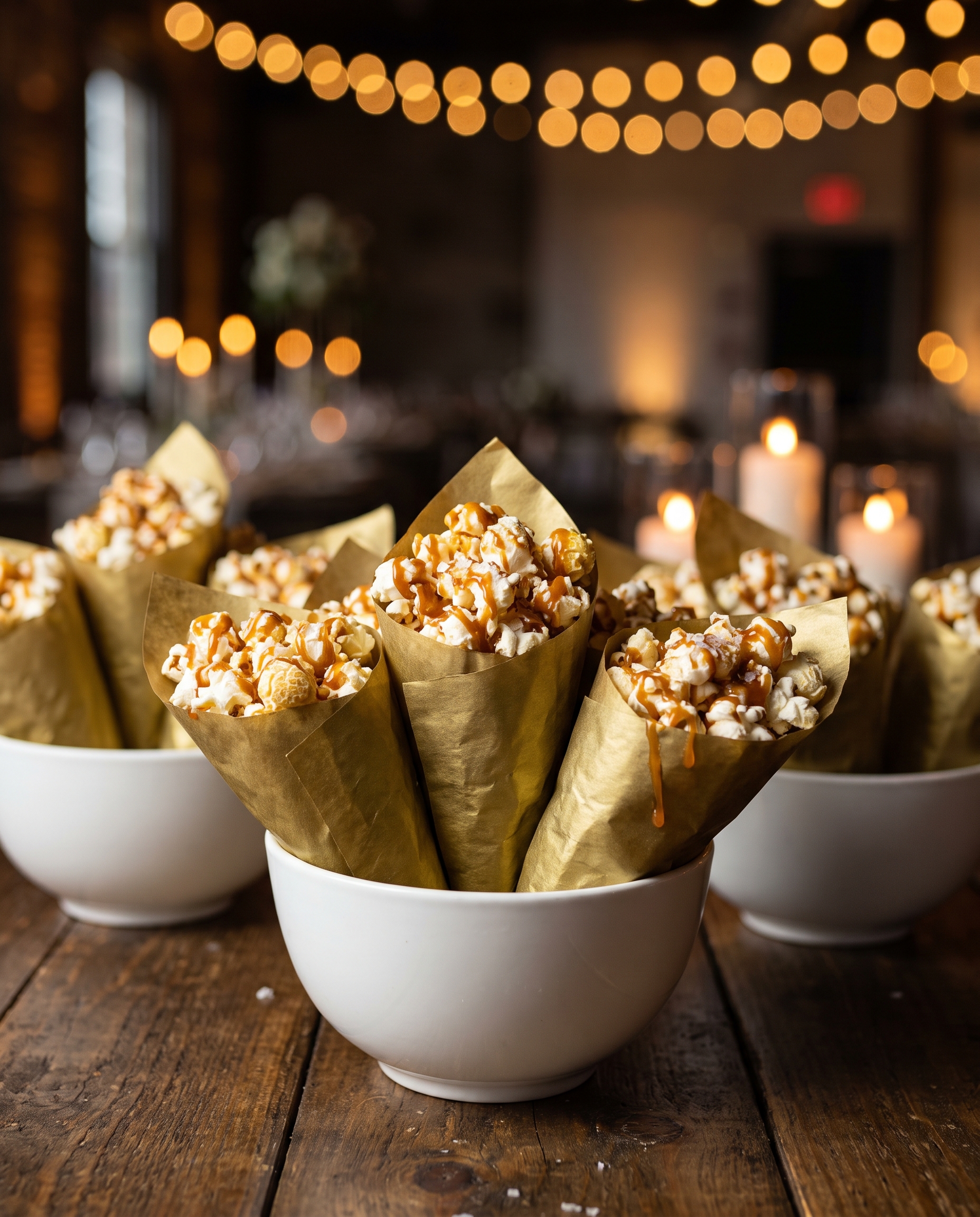Pipoca gourmet em cones dourados com caramelo