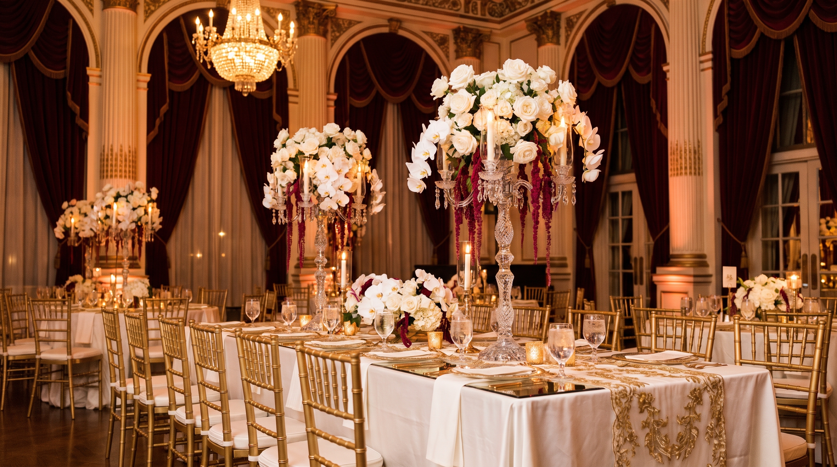 Recepção de casamento premium com mobiliário dourado e arranjos de cristal